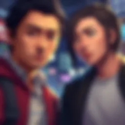 Characters looking serious after timeskip Two characters with serious expressions reflecting on life changes after a timeskip, missing the humor they once shared, with a background hinting at a transformed setting.