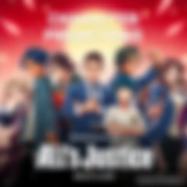 A group of diverse characters from the series All's Justice, each showcasing unique traits and styles, with excitement in the air as fans speculate on their roles.