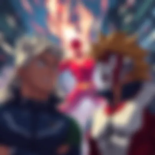 Characters in All Might's Fight Two characters watching All Might's intense battle, showing their surprised reactions.