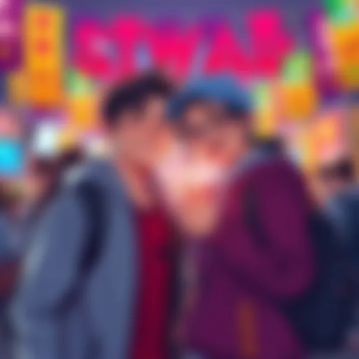 Two characters smiling and enjoying time together at a sports festival with colorful banners and activities around them