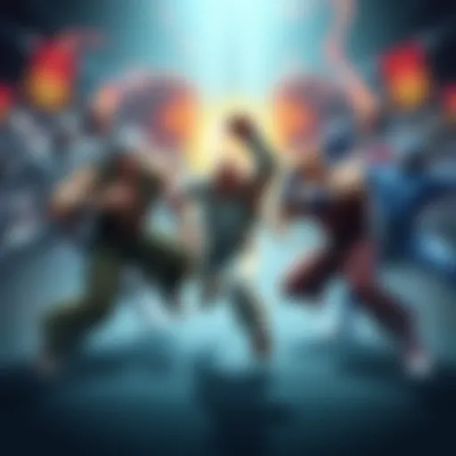 Various fictional characters fighting against Street Fighter legends in a dynamic arena