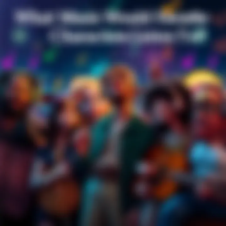 A group of diverse fictional characters engaged in listening to music from different genres such as rock and classical.