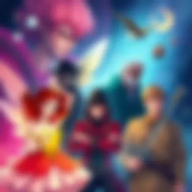 A colorful illustration showcasing six beloved characters from various stories, each representing different themes and narratives, including a fairy, a detective, and other iconic figures.