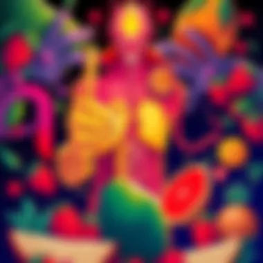 Doflamingo and Law using fruit to heal their organs, surrounded by vibrant fruit illustrations