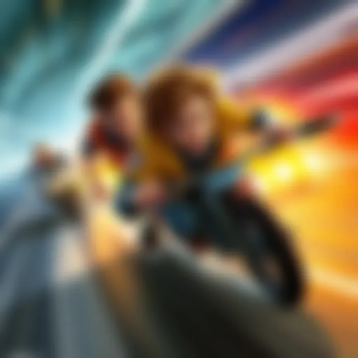 Illustration of characters racing through a scene at incredible speed with blurred backgrounds to represent fast movement.