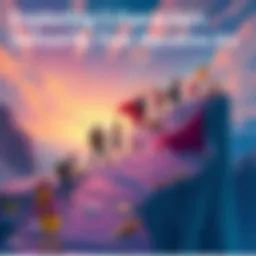 Various characters from stories depicted on a winding path, representing their unique narrative arcs, engaged in different activities that reflect their journeys.