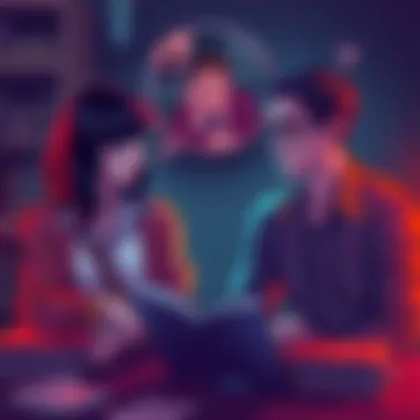 Two characters engaged in conversation, showing their thoughts on unpredictable motives in a storyline, with books and notes around them.