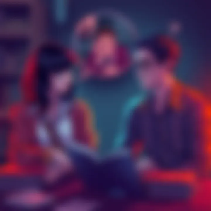 Two characters engaged in conversation, showing their thoughts on unpredictable motives in a storyline, with books and notes around them.