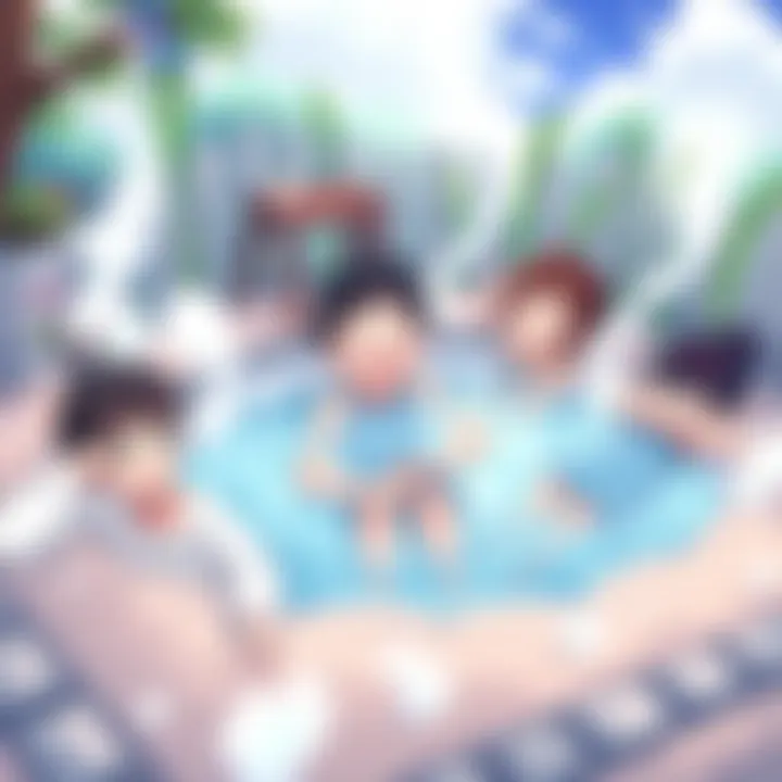 A group of animated characters enjoying a relaxing moment at a hot spring, surrounded by steam and nature, showcasing humor and camaraderie.