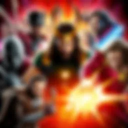 A collage of various powerful characters facing off against Loki, showcasing their strength and abilities, with a vibrant background.