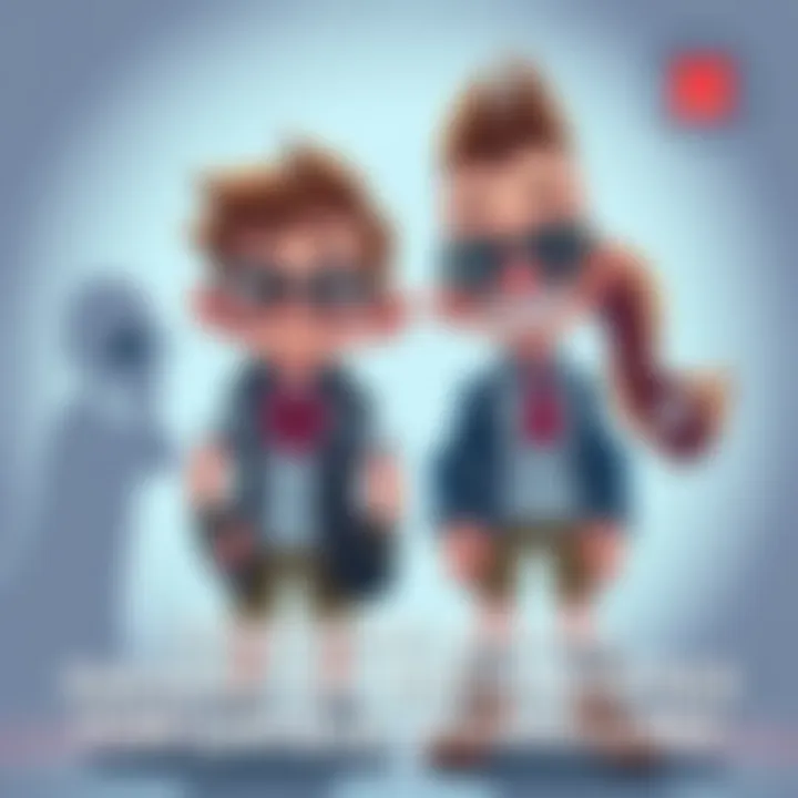 Two characters are illustrated with swapped outfits and facial expressions, showcasing their changed personalities in a playful scene