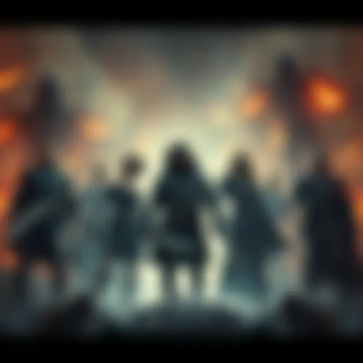 A group of resilient characters stand strong amidst a chaotic background, showcasing their determination and strength.