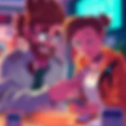 Characters using smartphones Two characters from a series humorously interacting with smartphones and AI technology, showing a transition from the early 2000s to modern tech.