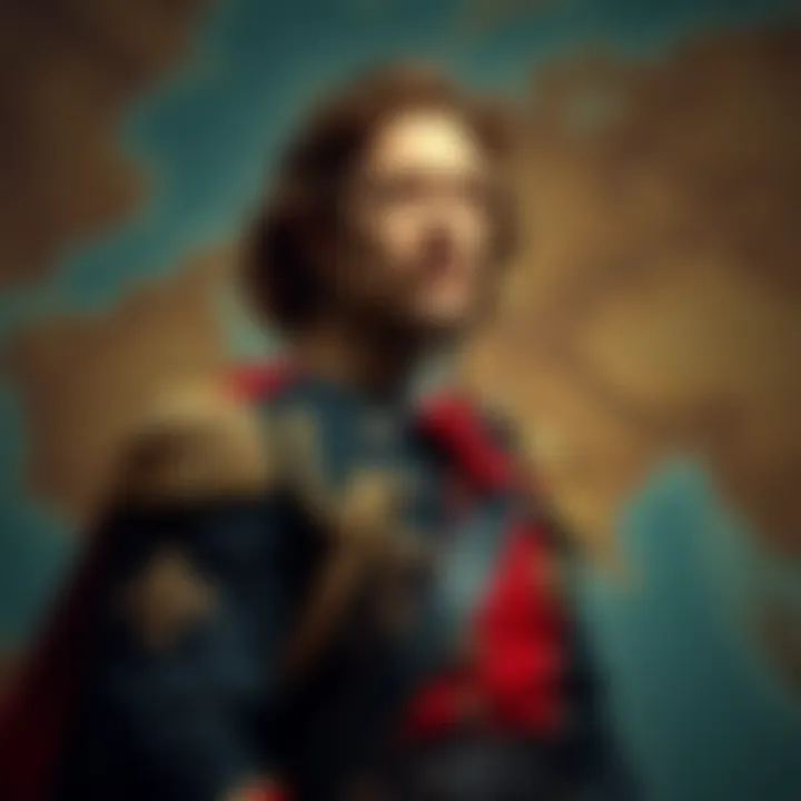 Portrait of Charles zi Britannia wearing a military uniform, standing confidently with a map of his territories in the background, depicting his colonization strategy.