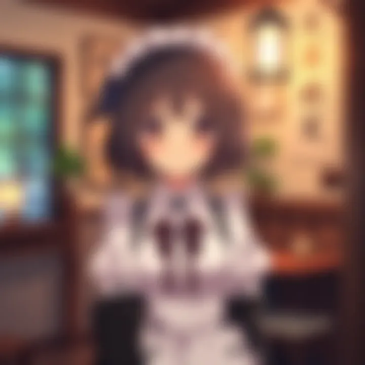 An anime maid character with a cute smile, wearing a traditional black and white maid outfit, standing in a cozy setting