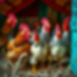 A group of playful and affectionate hens gathered in a colorful henhouse, showcasing their unique personalities, ready for some fun and kisses.