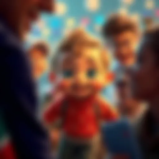 A playful little character with a big smile, surrounded by happy people enjoying their antics.