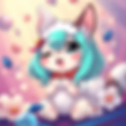 A colorful illustration of Nanachi showcasing her cute features and playful style, surrounded by artistic elements.