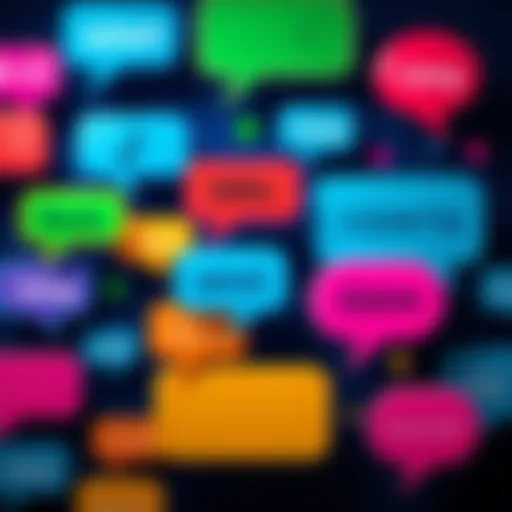 Colorful chat bubbles showing words like 'buzz', 'splash', and 'clang' to represent onomatopoeia in language