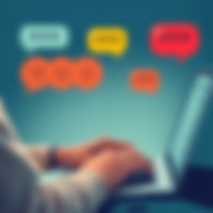 Chat Conversation Illustration A person typing on a laptop with chat bubbles showing mixed positive and negative reactions, symbolizing genuine and fake conversations online.