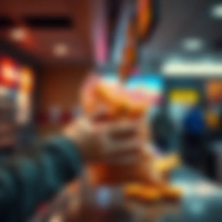 A person checking a fast-food bag for chicken nuggets at a counter before leaving.