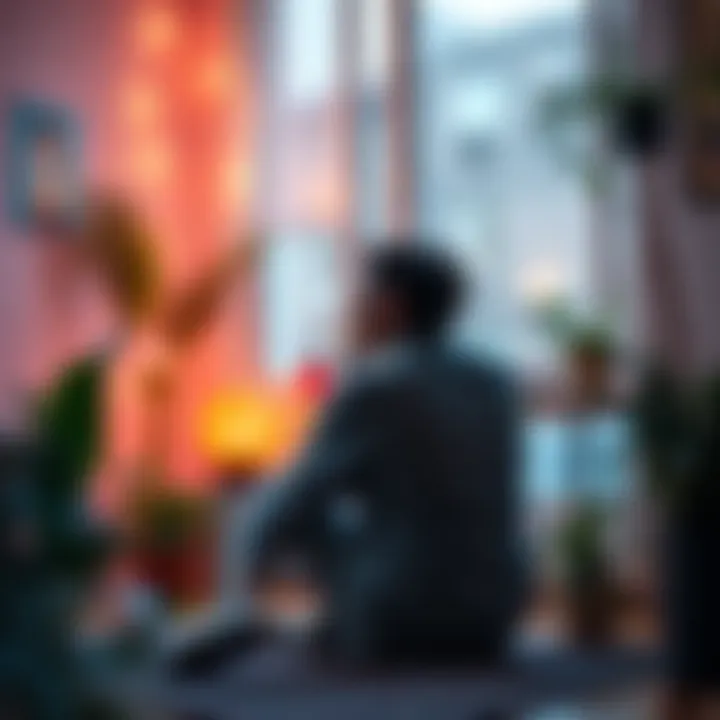 A person sitting in a cozy space reflecting on their feelings, surrounded by plants and soft lighting, symbolizing self-care and well-being.