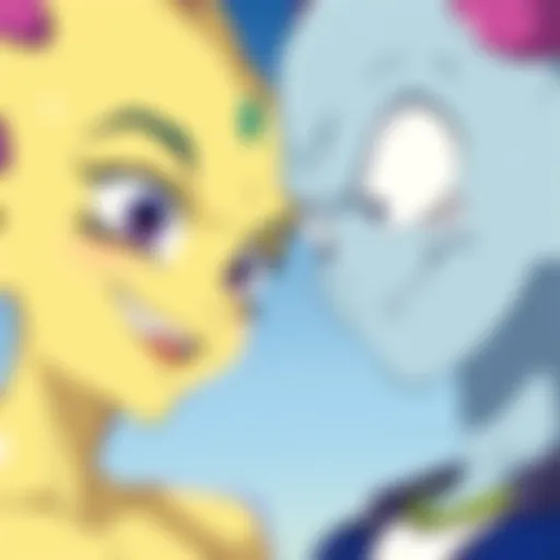 Close-Up Scene of Cheelai and Beerus Cheelai and Beerus in a humorous close-up shot, showcasing their expressions and dynamic interaction, inspired by Spongebob's style.