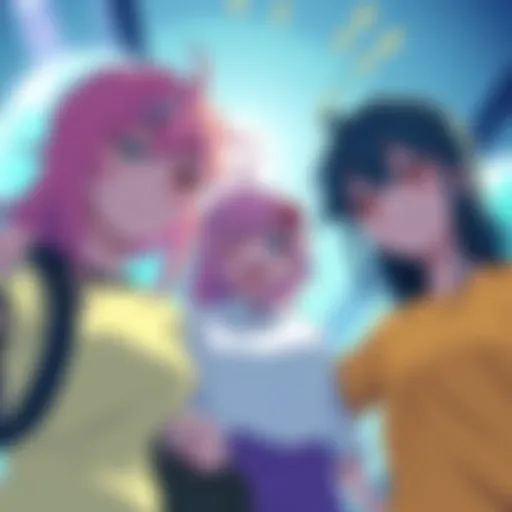Colorful anime characters smiling together A group of cheerful anime characters enjoying time together, radiating happiness and positivity