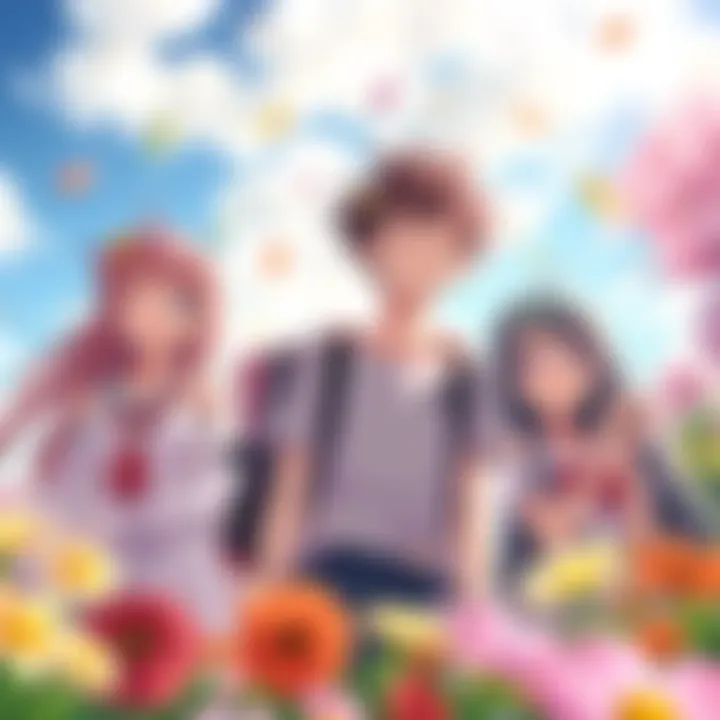 A group of happy anime characters enjoying a sunny day together, surrounded by colorful flowers and bright skies.