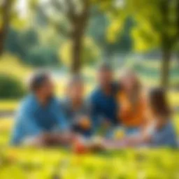 Cheerful Family Picnic A happy family enjoying a picnic in the park, sharing food and laughter under the sun.