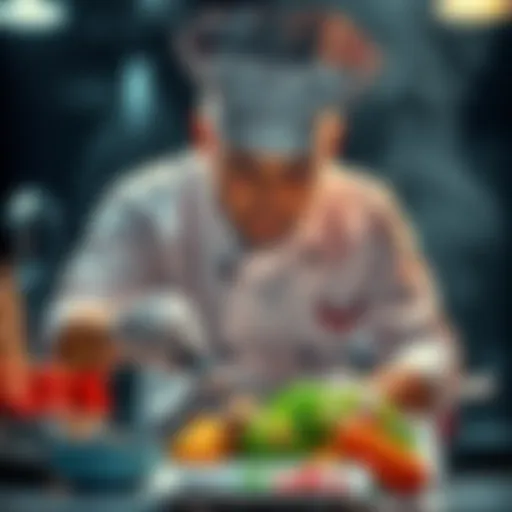 A chef preparing for a high difficulty cooking battle, showcasing intense concentration and skill, surrounded by kitchen tools and ingredients.