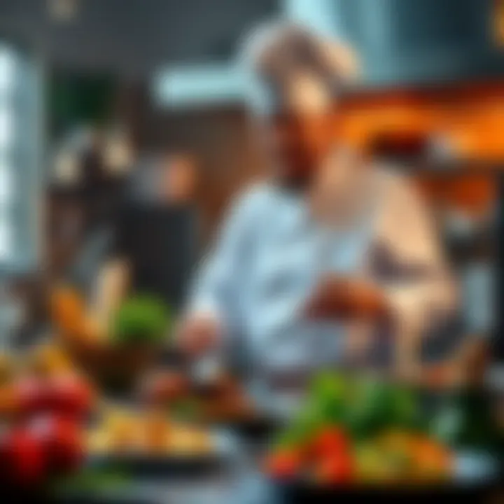 A chef in a kitchen preparing dishes from Grimm creatures, showcasing various colorful ingredients and cooking tools