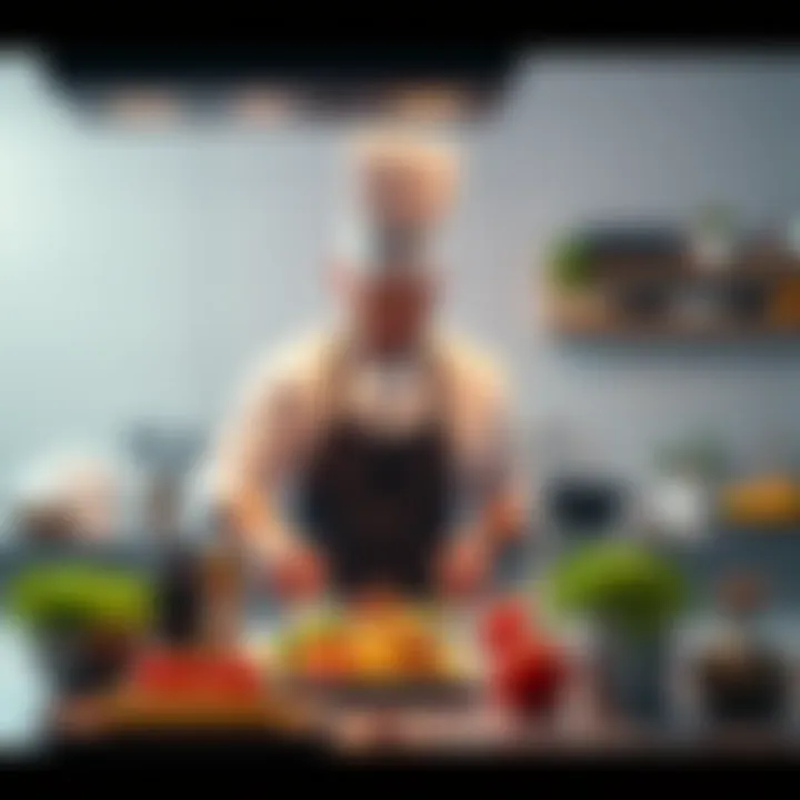 A chef prepares a meal in a bright kitchen, surrounded by fresh ingredients and cookware.