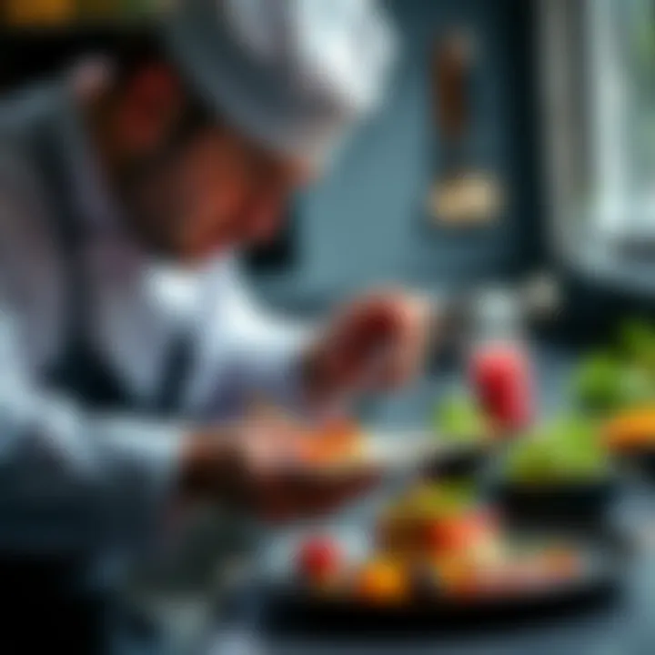 A chef carefully plating a colorful gourmet dish with fresh ingredients and garnishes.