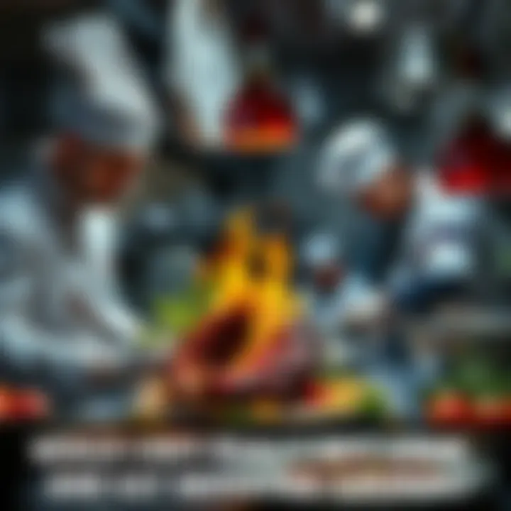 Chefs in a kitchen creatively cooking a dish using the remains of a defeated Grimm, showcasing vibrant ingredients and unique culinary tools.