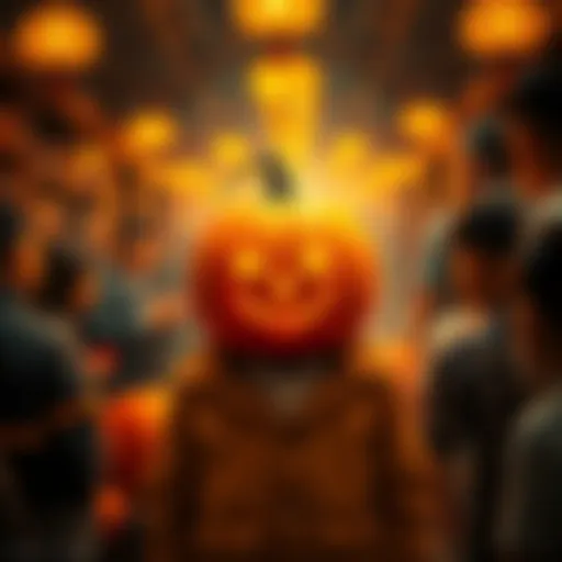 A person named Chen transformed into a pumpkin, surrounded by curious people in a lively setting.