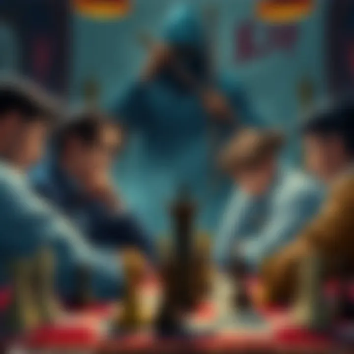 A scene showing players in a chess tournament with charm accessories, and a mysterious figure in the background holding a crossbow.