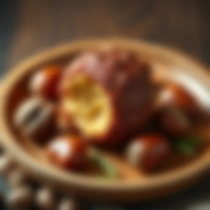 A close-up view of chestnut puck, showcasing its rich, textured surface and natural color, served on a wooden plate with a few chestnuts around it.