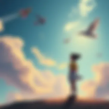 Chi Chi Observing the Sky Chi Chi stands on the ground looking up at the sky, symbolizing her inability to fly while other characters soar above her.