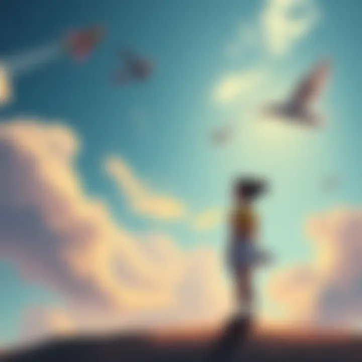 Chi Chi Observing the Sky Chi Chi stands on the ground looking up at the sky, symbolizing her inability to fly while other characters soar above her.