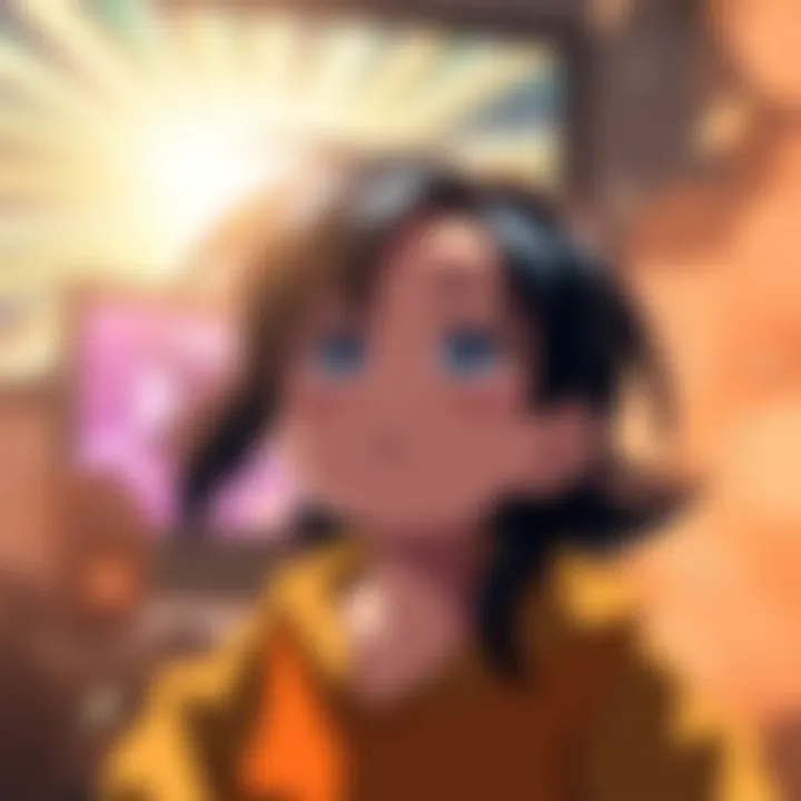 Chi-Chi with a surprised expression, realizing Gohan has defeated Cell, surrounded by a bright backdrop representing victory, with a TV screen showing static in the background.