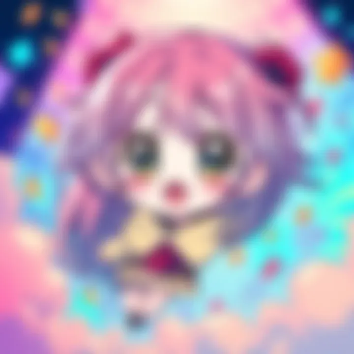 Colorful chibi illustration of a cute anime character with big eyes and playful expression, surrounded by vibrant elements.