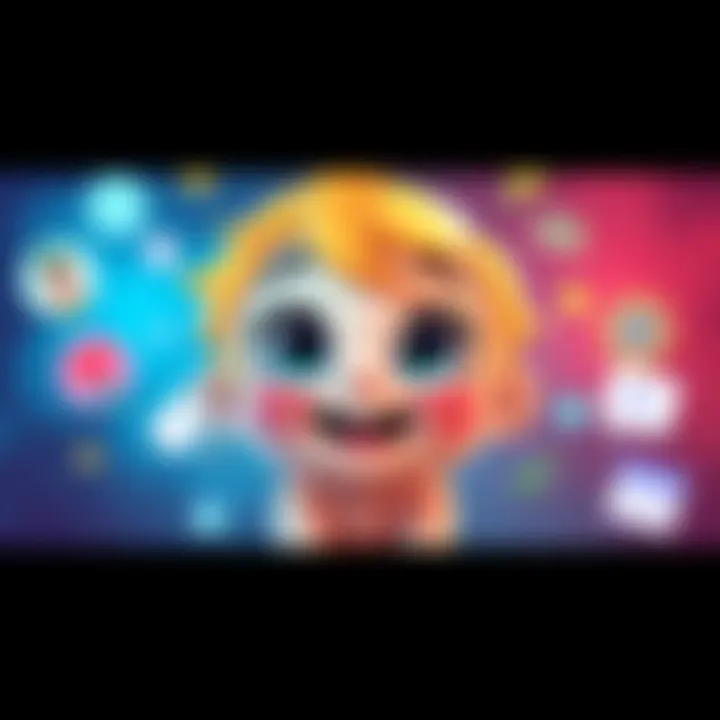 A colorful Chibi character with big eyes and a cheerful expression, surrounded by playful animations and icons representing creativity and fun.