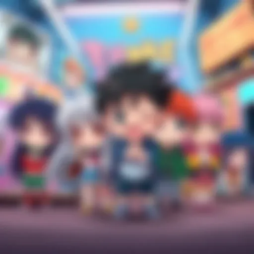 A group of colorful chibi characters with oversized heads and small bodies, showcasing their cute and exaggerated features, set against a vibrant 90s anime backdrop.