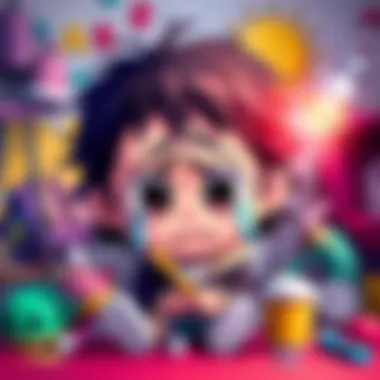 Chibi crying with exaggerated expressions Chibi character with big tears, making funny faces while sitting in a colorful setting, surrounded by quirky objects