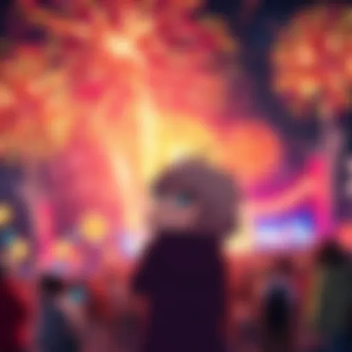 Chibi enjoying vibrant fireworks against the night sky at the Fireworks Mania event, surrounded by colorful displays and people celebrating.