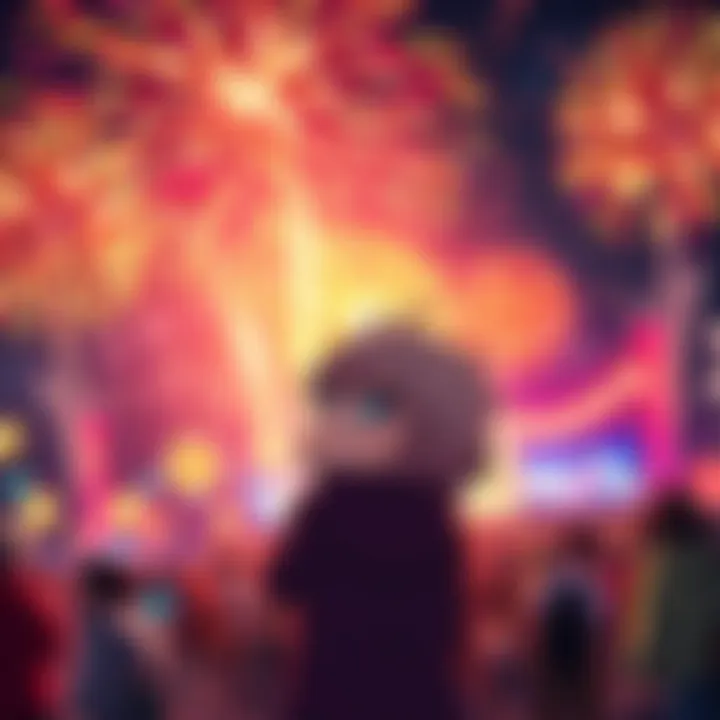 Chibi at Fireworks Mania Event Chibi enjoying vibrant fireworks against the night sky at the Fireworks Mania event, surrounded by colorful displays and people celebrating.