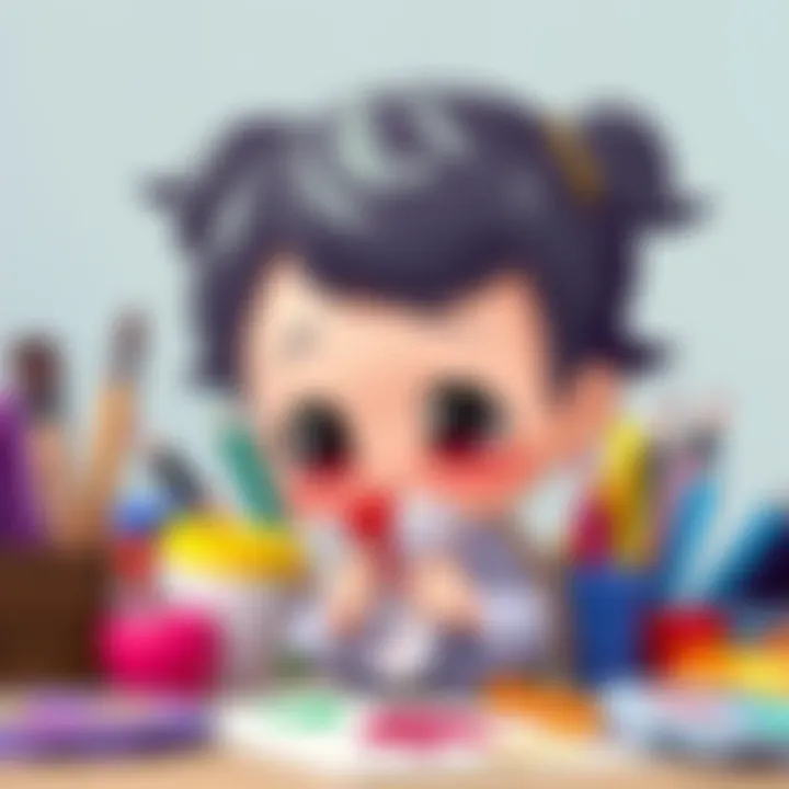 Chibi character with a nosebleed A cute chibi character with a small nosebleed, looking surprised and holding a tissue, surrounded by colorful art supplies.