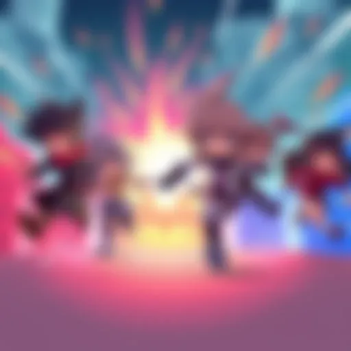 Chibi versions of RWBY characters in a dynamic running scene with colorful backgrounds