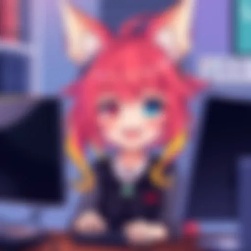 A colorful illustration of ChibiDoki, a popular Vtuber, with fox ears and vibrant hair, smiling while sitting in front of a computer setup.